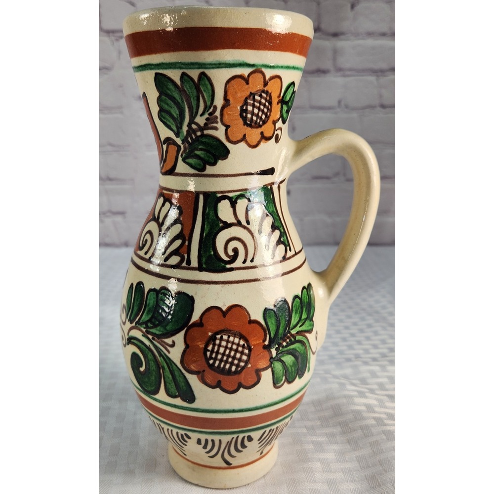 Vintage Mathe Denes Art Pottery Vase Jug Floral Hand Painted Romanian